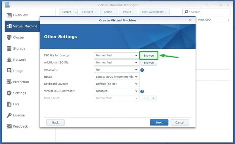 outras configurações para a máquina virtual da synology