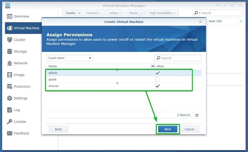 assign permissions for synology virtual machine