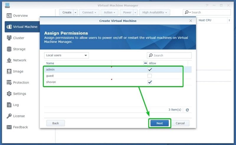 atribuir permissões para a máquina virtual da synology