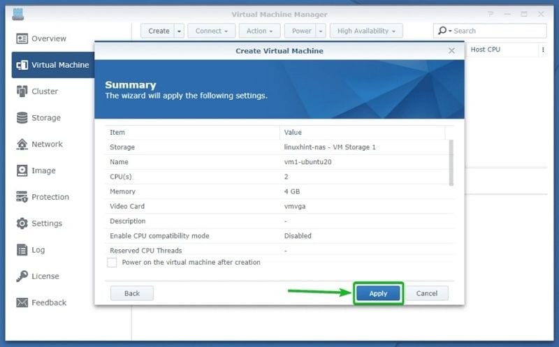 aplicar configurações para a máquina virtual da synology