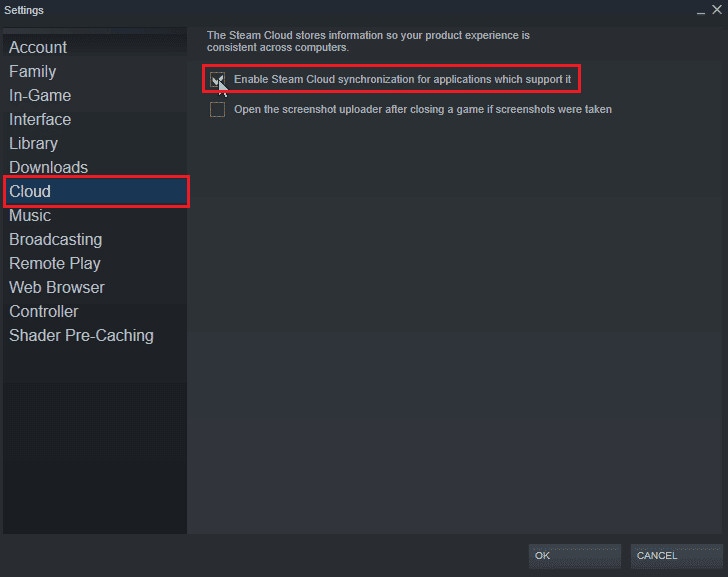 enable steam cloud option