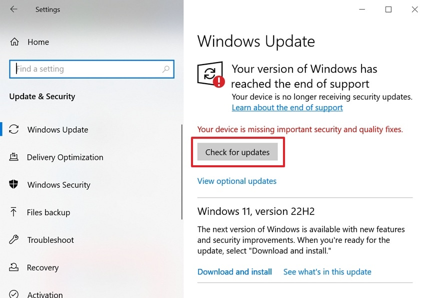 check and update windows