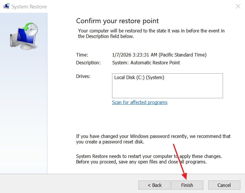change restore point