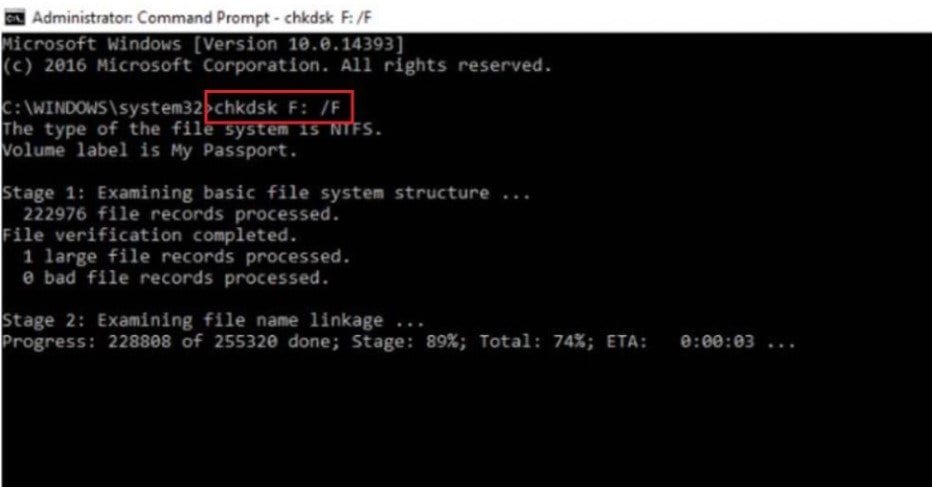chkdsk command in command prompt