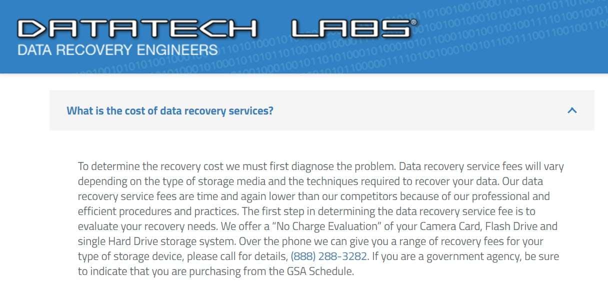 costes de recuperación de datos de DataTech Labs