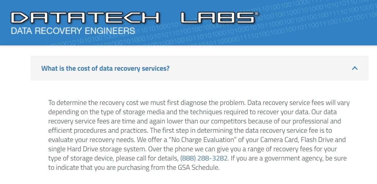 coûts de récupération des données de datatech labs