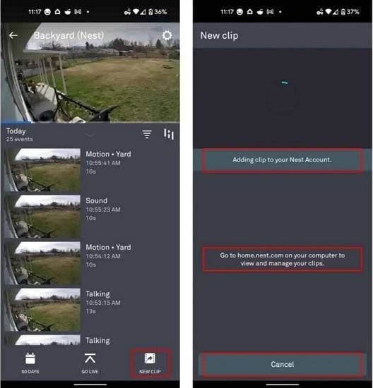 nest app new clip and saving progress