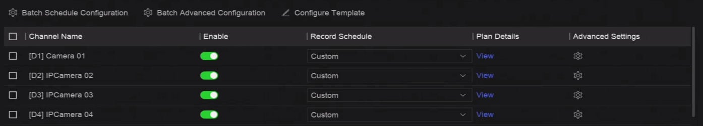 hikvision nvr schedule configuration and advanced settings controls