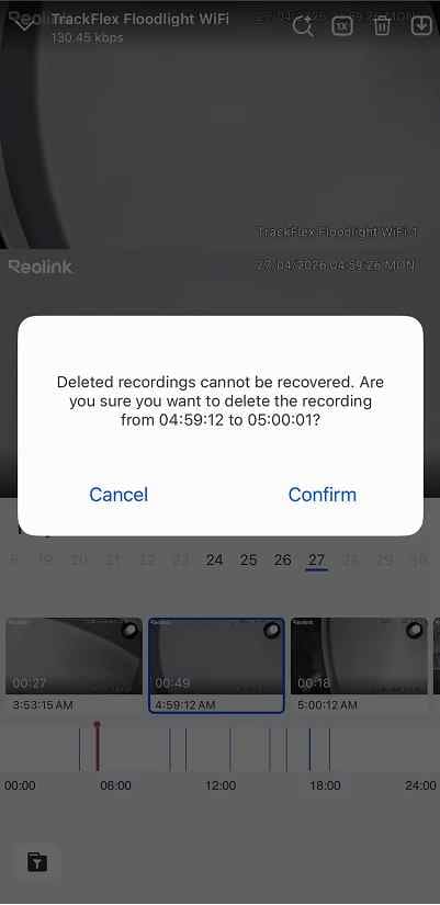 confirm deletion of a selected reolink camera recording