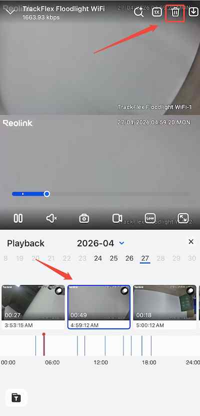 select a specific reolink recording and tap the delete icon