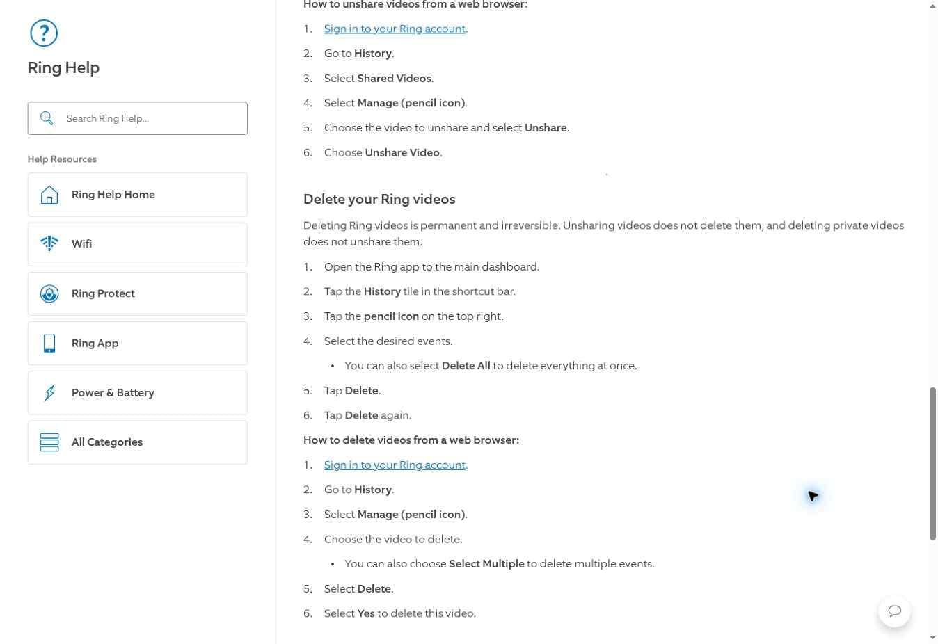official ring steps to delete selected security camera videos