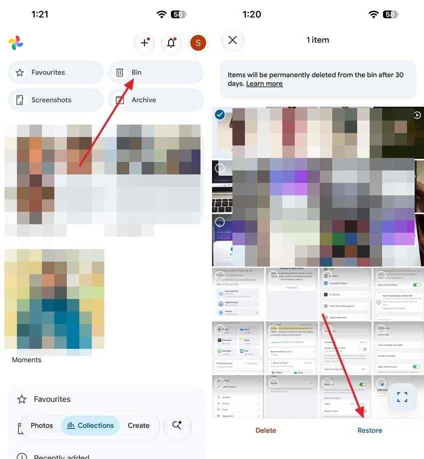 restore a deleted picture from google photos trash in the mobile app