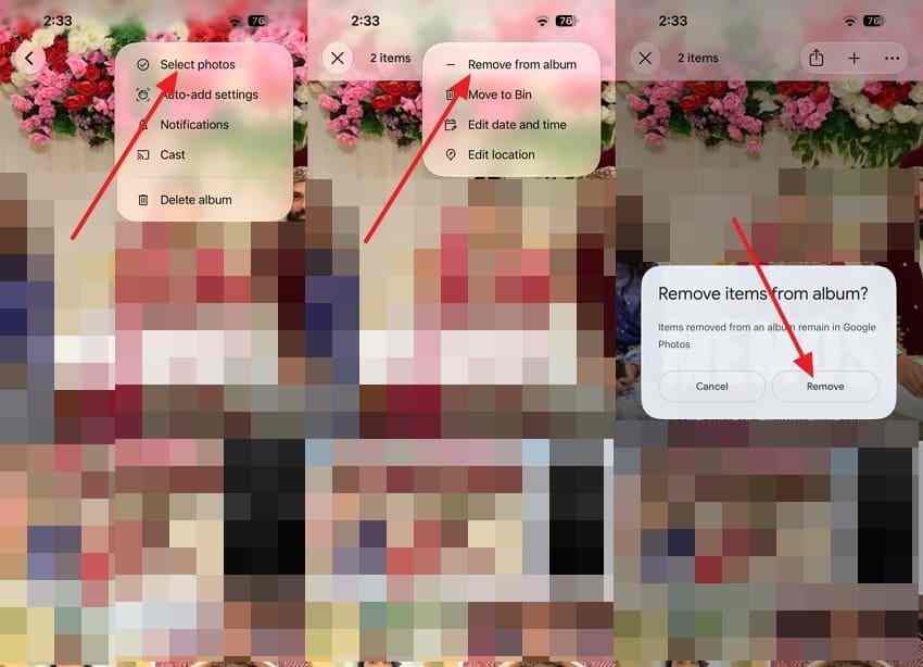 remove selected pictures from a google photos album without deleting the library originals