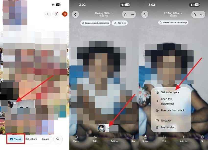 inspect a google photos stack and set a preferred picture as the top pick