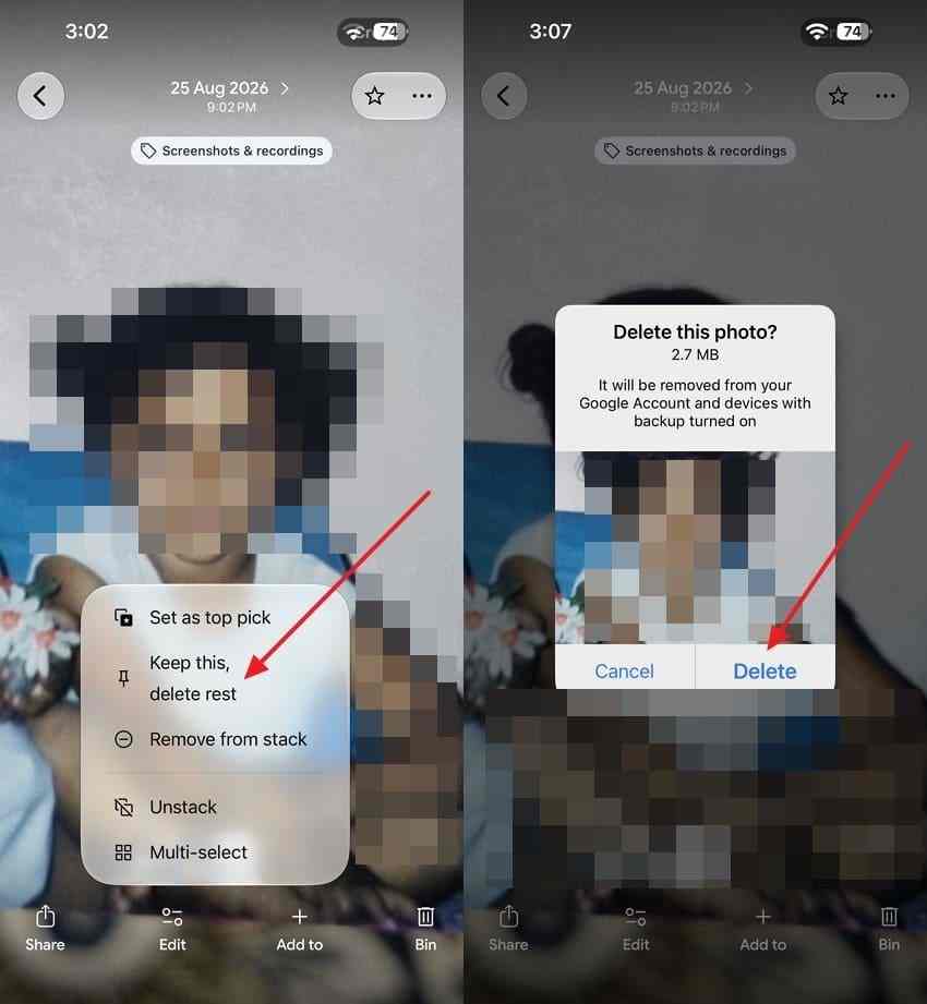 confirm keep this delete rest for a selected google photos stack