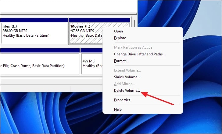 select delete volume to delete partition
