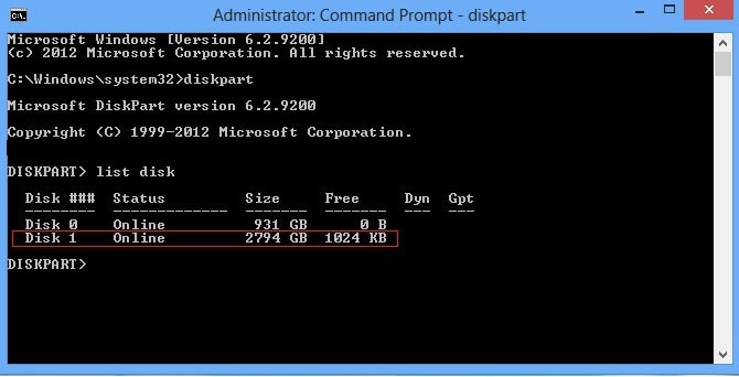type list disk command in diskpart