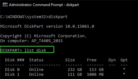 display all disks at diskpart prompt