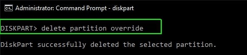 type the delete partition override command