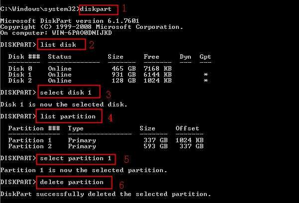 delete partitions with diskpart