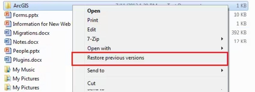 select restore previous versions