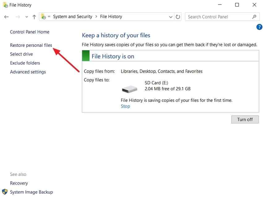 restore personal files using file history