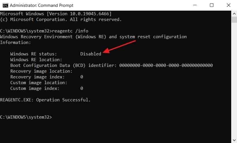 confirm windows re disabled status
