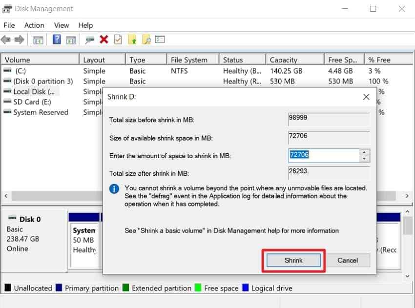 shrink drive for recovery space