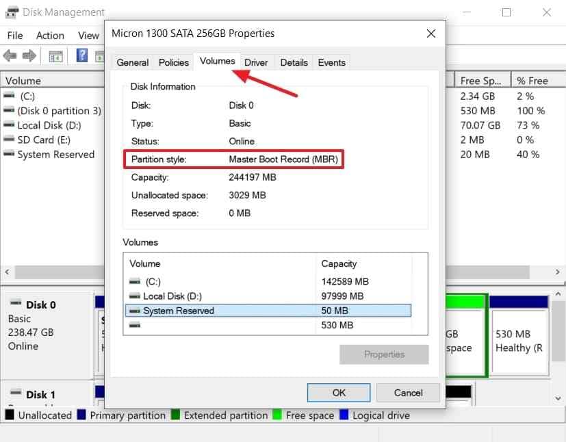 check disk partition style type