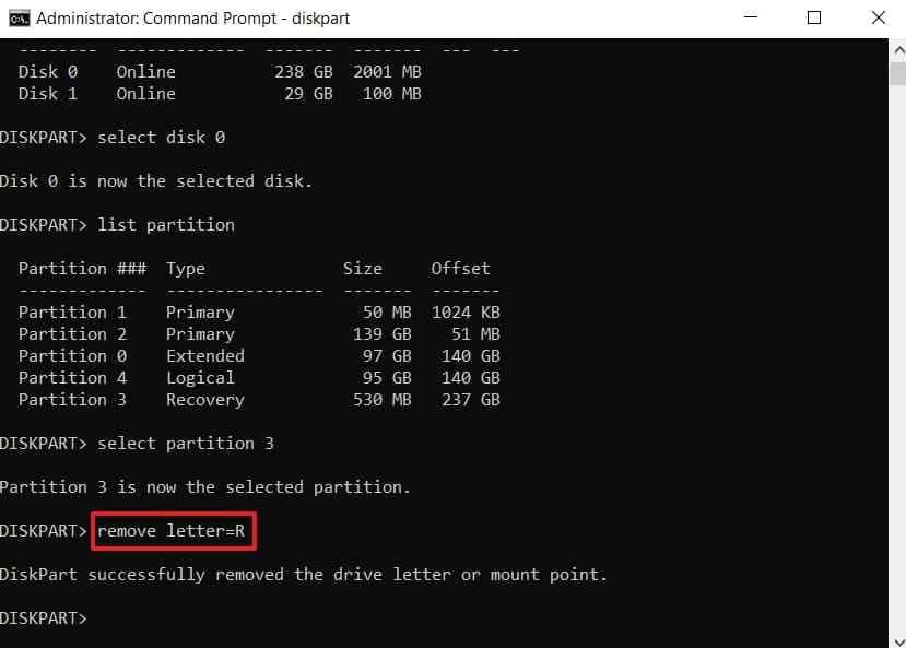 remove temporary recovery drive letter