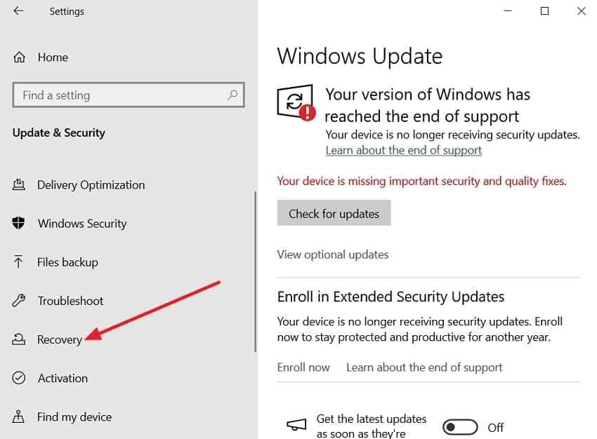 open windows recovery settings