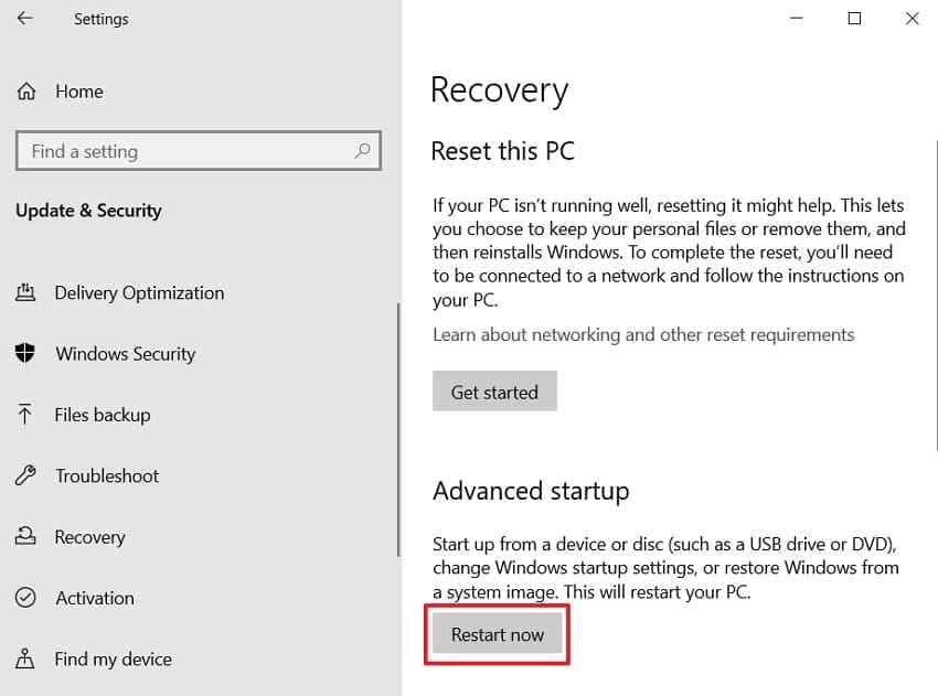 restart through advanced startup