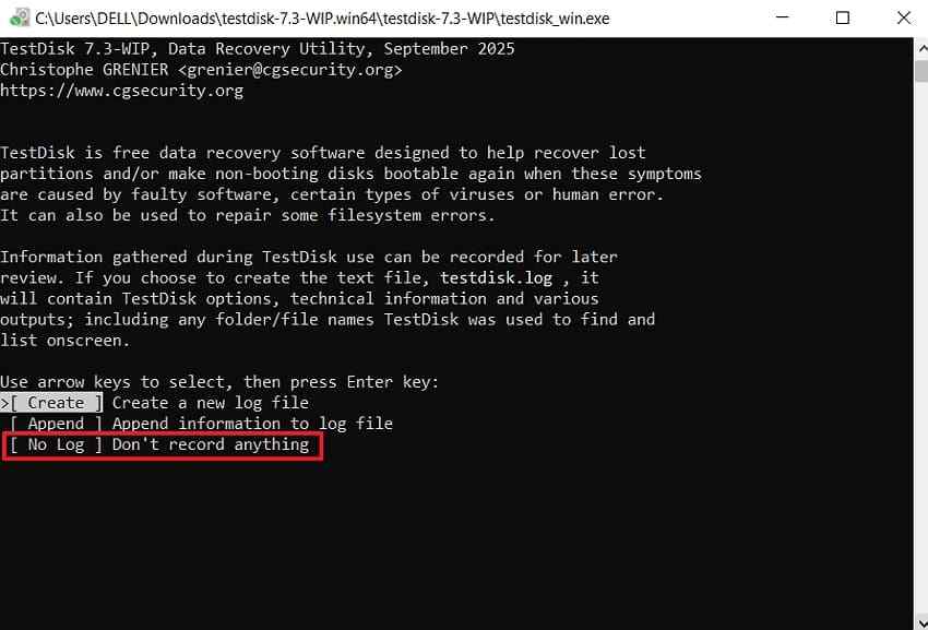 choose testdisk log file option