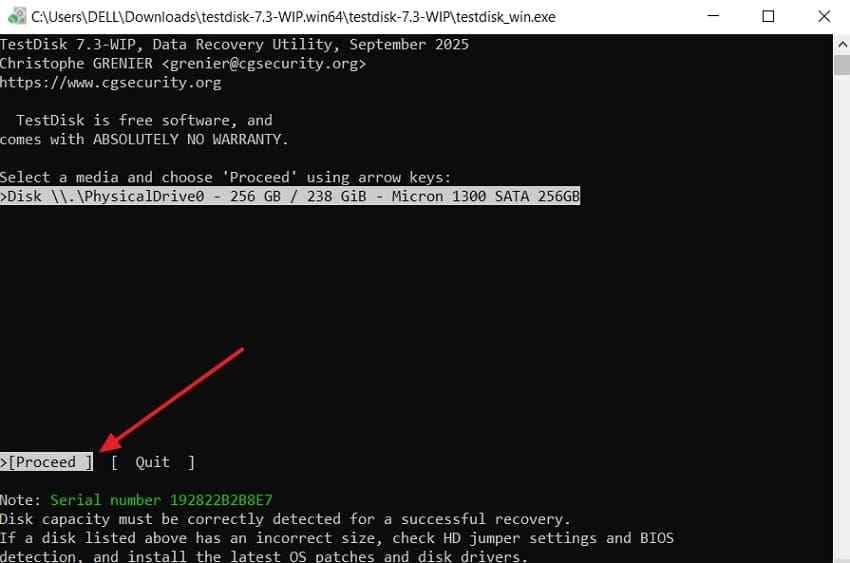 select affected disk testdisk