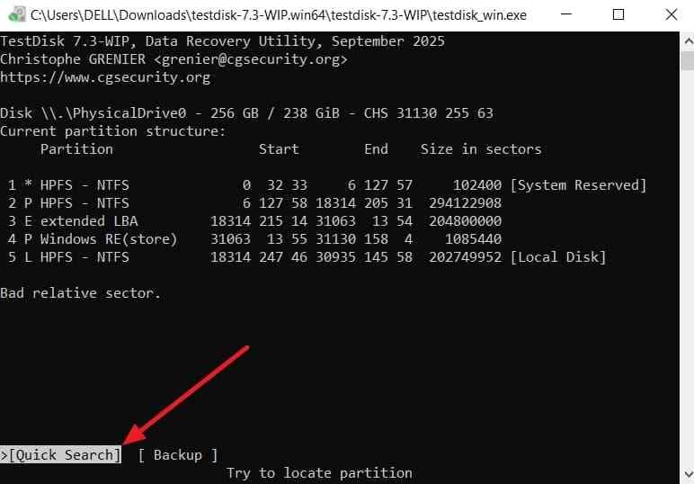 run quick search for partitions