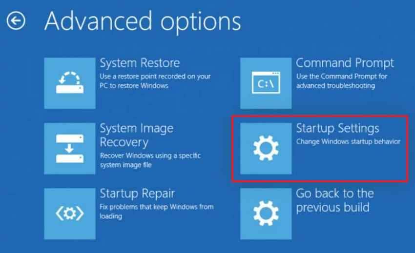 choose startup settings recovery