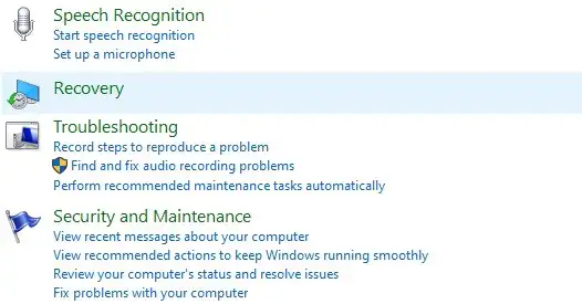 access recovery feature in control panel