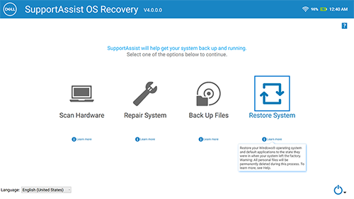 restore system option on dell