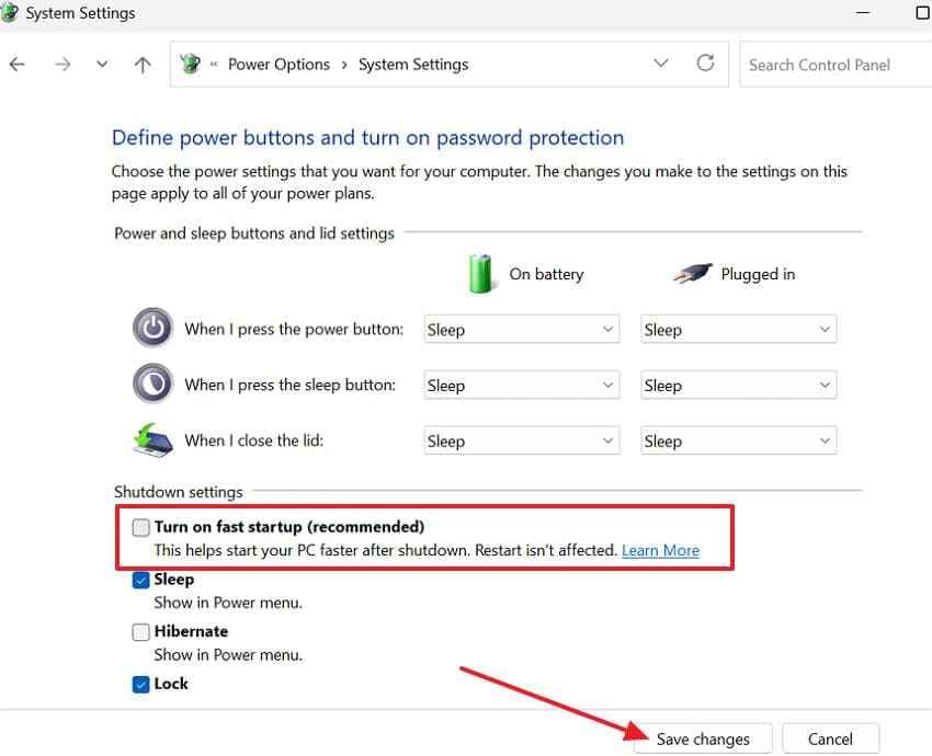 disable fast startup