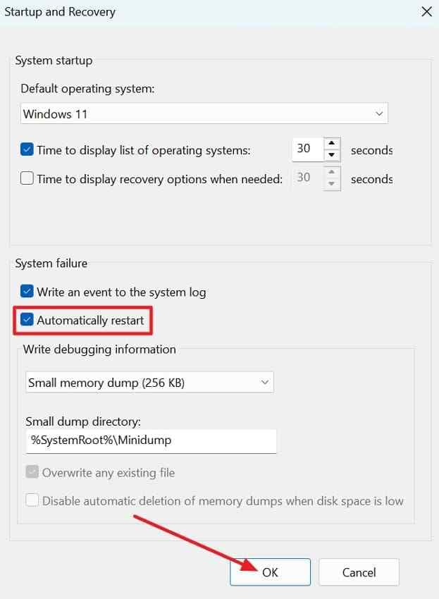 disable automatic restart after failure