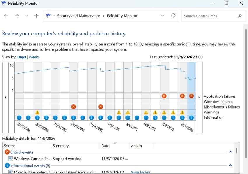 inspect crashes through reliability monitor