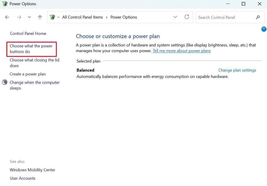 access windows power button settings