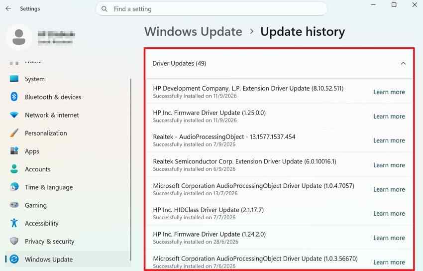check recently installed driver updates