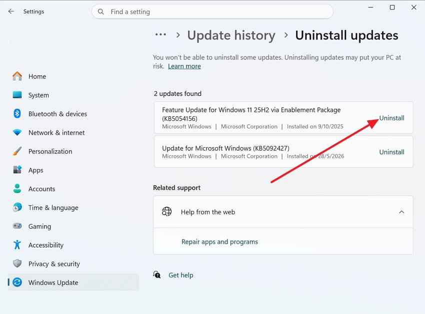 uninstall suspected windows update