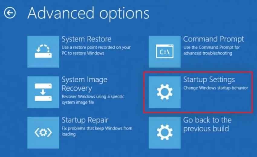 choose startup settings recovery