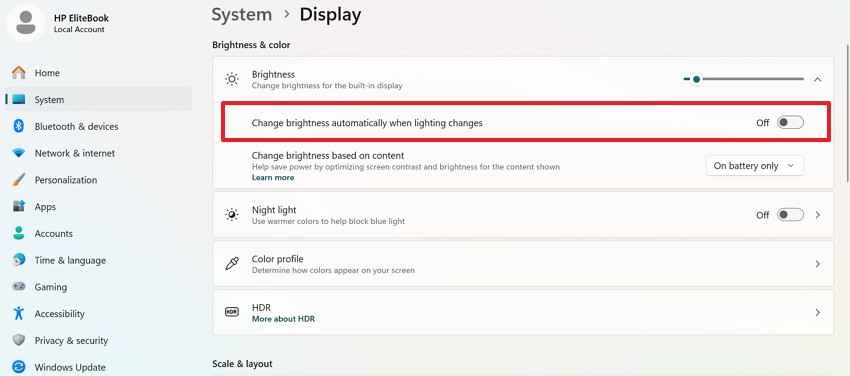 disable adaptive brightness changes