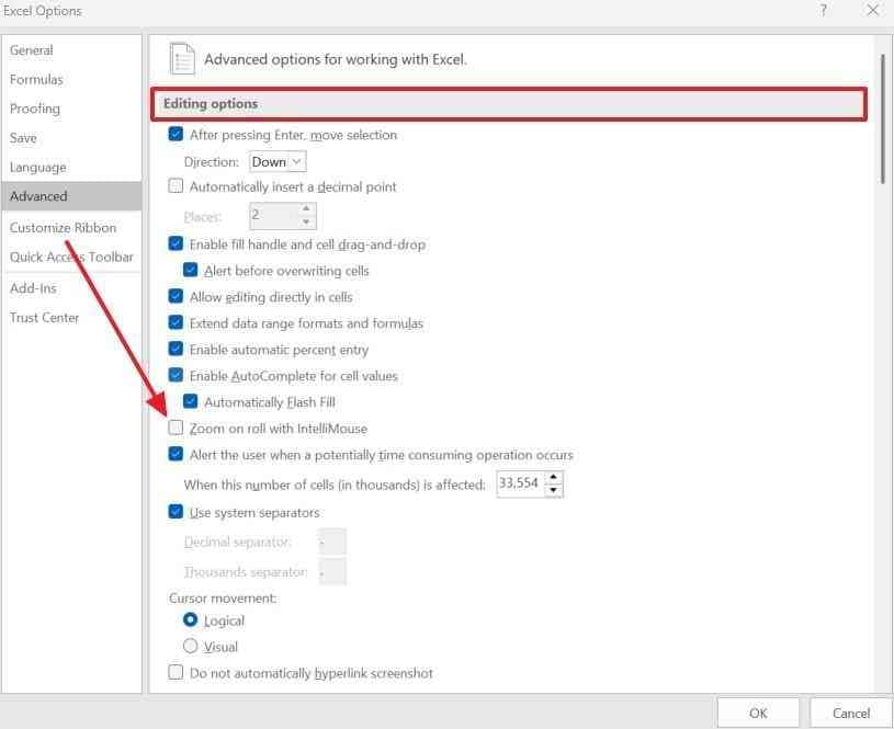 excel advanced settings for zoom on roll with intellimouse