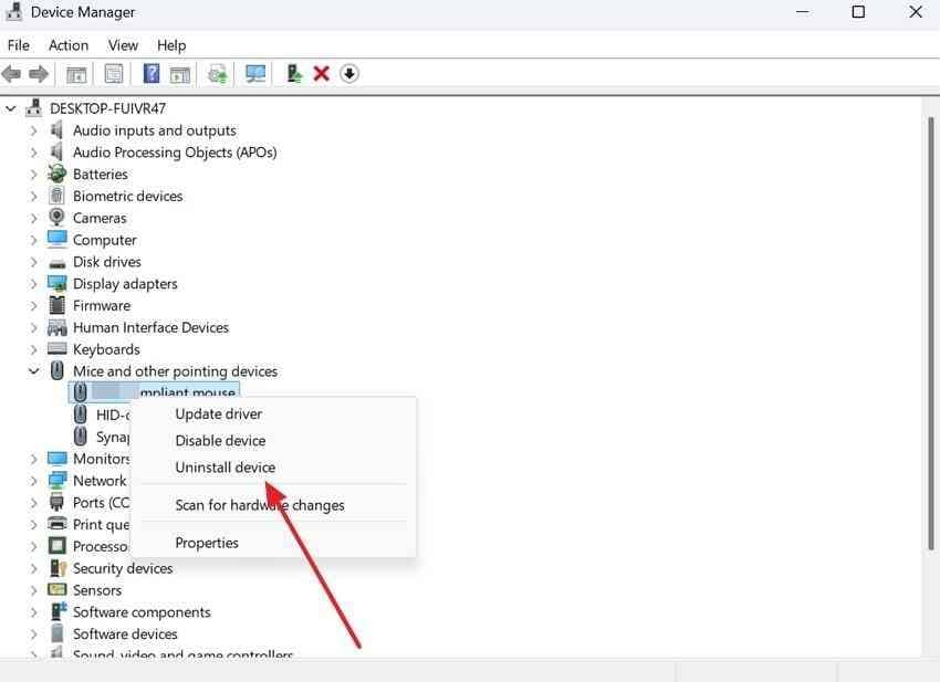uninstall device option in windows device manager