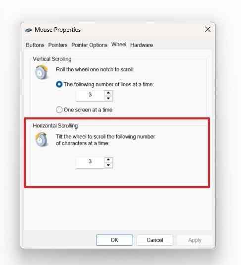 mouse properties horizontal scrolling setting