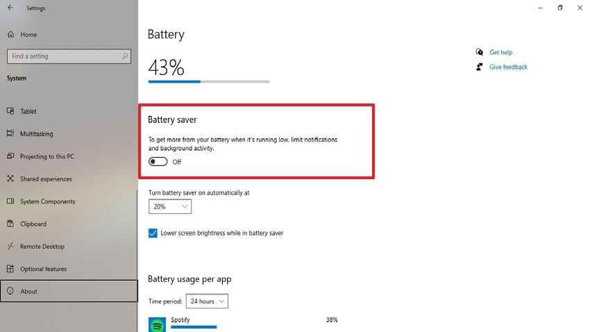 turn battery saver off